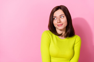 Sticker - Photo of gorgeous satisfied minded lady look interested empty space imagine isolated on pink color background