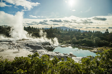 geothermal volcanic park with geysers and hot streams, scenic landscape, te piua national park, rotorua, new zealand. High quality photo