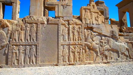 Poster - The ancient relief on the facade of ruined Xerxes Palace in Persepolis archaeological complex, Persepolis.
