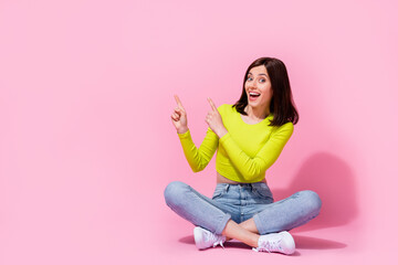 Wall Mural - photo of cute lady wear green lime color top sit point empty space offer buy quality outfit clothes 
