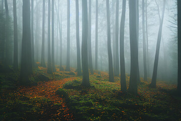 Wall Mural - autumn forest covered in fog