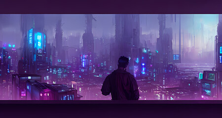 Wall Mural - Digital Anime Art Concept. Man Standing In Front Of The Beautiful Modern City Landscape.Concept Art
