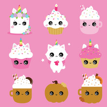 Cute Face Cupcake Unicorn Cake Muffin Cute Portrait Birthday Party Sweet Kids Candle Dessert Happy Smile