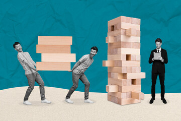 Wall Mural - Creative photo collage of work people building jenga board game wooden bars happy funny builders project manager responsible for result