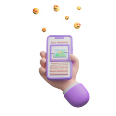 Poster - 3d render illustration, A Smartphone with a chat text box and emoji notification icon. social media concept