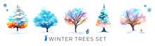 イラスト素材:カラフルな冬の木の水彩イラストセット