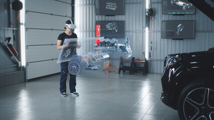 Wall Mural - an automotive maintenance engineer conducts a review of an internal combustion engine. the manager r