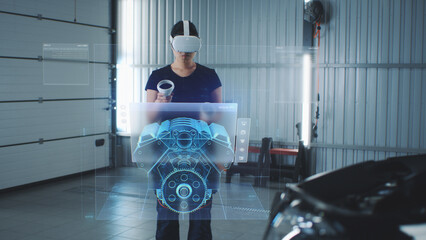 Wall Mural - car service manager uses virtual reality with futuristic augmented reality diagnostic software with 