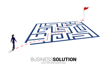 Poster - Silhouette of businessman with route path to exit the maze. Business concept for problem solving and finding idea.