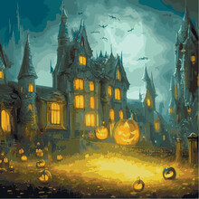 Halloween Poster Background. Halloween Illustration Mysterious Night Landscape With Castle Full Moon, Pumpkins, Trees Dark Gothic Castle Background. Vector Illustrator, Scary Horror Halloween Party
