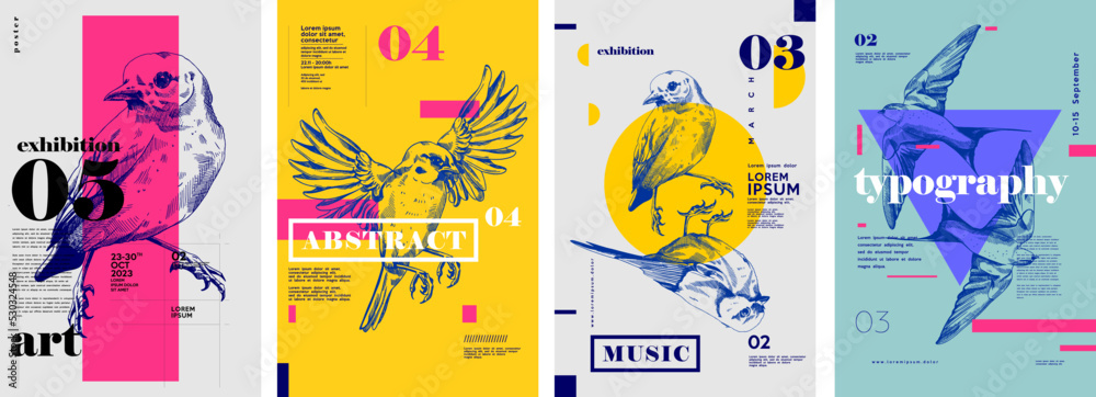 เวกเตอร์ Stock Birds. Set of vector posters with birds. Engraving ...