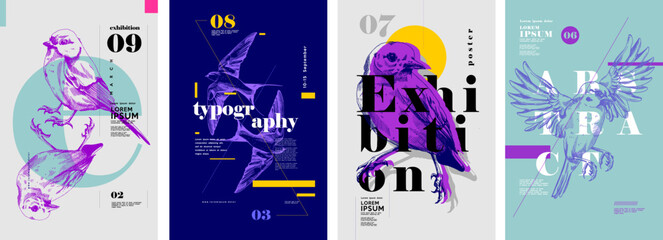 Fototapete - Birds. Set of vector posters with birds. Engraving illustrations and typography. Background images for cover, banner, poster. T-shirt print.
