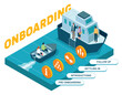 Onboarding processes, isometric illustration to the social aspects of their new jobs