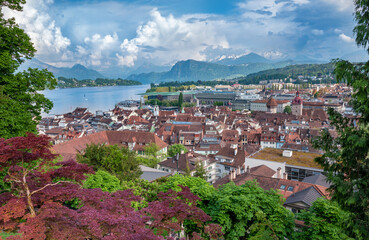 Wall Mural - Luzern old town  aerial view. Alps and lake Luzern on the background. Switzerland.