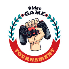 Fototapete - Video game emblem. Badge with skulls, game pads, VR headsets. Vector illustrations for gamer contest, cyber sport, geek community concept