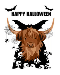 Wall Mural - Cute Cow Scottish Highland Cattle with Skull Print Cape, Spider Web hanging on the horns, Bat Halloween. Halloween Decoration, Card, Funny, Hand Drawn style print. Vector illustration