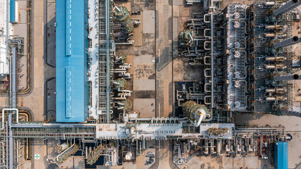 Wall Mural - Aerial view chemical plant process area petroleum petorchemical product, Chemical industry plant in refinery with pipes and machine, Petrochemical industrial plant.