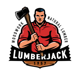 Wall Mural - Lumberjack with axe emblem. Wood industry, logging logo and mascot. Woodwork, natural lumber label vector illustration