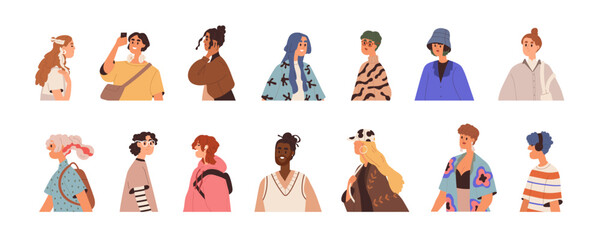 Aufkleber - Different modern people set. Fashion female and male characters, casual citizens in motion. Trendy diverse men and women of various age, race. Flat vector illustration isolated on white background