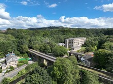 Aerial Photograph Of Viaduct Bridge Over The River In Lancashire 