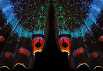 Aufkleber - Bright colorful wings of tropical butterfly on black. Papilio maackii. Alpine black swallowtail. Colorful exotic swallowtail butterfly wings
