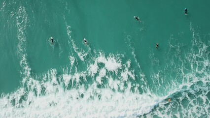 Wall Mural - Surfers on line up in ocean with perfect waves. Aerial view