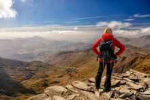Snowdonia Wales View Of Female Hiker With Backpack