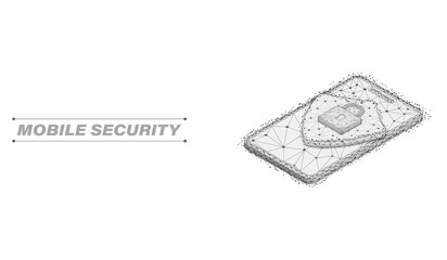Leinwandbilder - Abstract low poly mobile security smart app screen and personal data protection concept. Mesh line object of safety payment, business, finance vector.
