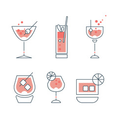 Wall Mural - Cocktail Glasses with Straw and Citrus Slice Minimal Thin Line Vector Set