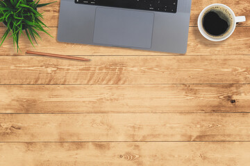 Fototapete - Flat lay of top view desk work table with computer notebook and pencil work space on wood background includes copyspace for add text or graphic