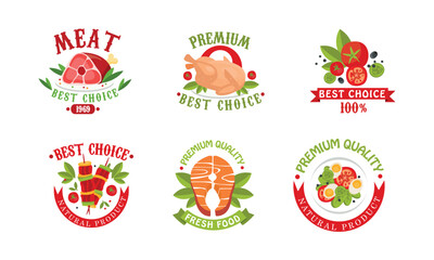 Sticker - Premium Quality Food Badge with Fresh and Natural Product Ribbon Inscription Vector Set