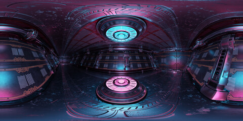 Poster - HDRI panoramic view of dark blue pink spaceship interior. High resolution 360 degrees panorama reflection mapping of a futuristic spacecraft with projector 3D rendering