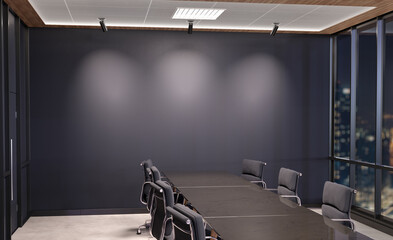 Aufkleber - Blank wall Mockup in dark modern office with windows and spotlights. Empty company meeting room 3D rendering