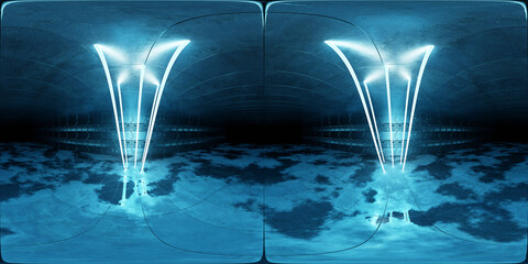 Aufkleber - Futuristic neon lights interior Hdri. 360 panoramic view of a cyber garage room hangar with sci fi glowing tubes. 3D rendering