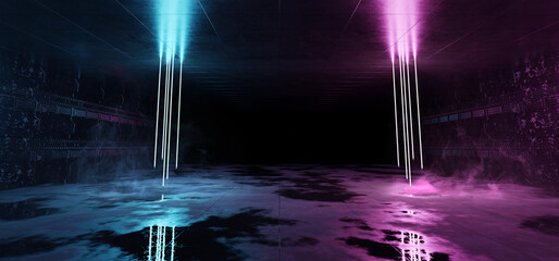 Aufkleber - Futuristic blue and pink neon lights interior. Cyber neon laser tubes in garage room hangar. Sci fi dark tunnel warehouse with metal panels wall lighted. Construction corridor 3d Rendering