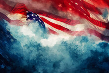 American Flag In Fog Waving In The Wind Red, White, And Blue Abstract Background