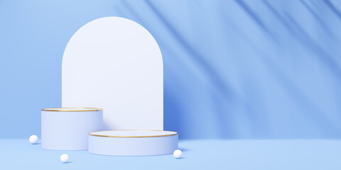 Wall Mural - 3D white cylinder podium with gold border, shadow palm leaf on blue arch and copy space background. Empty pedestal mockup space for display product design. Abstract minimal studio object. 3d render.