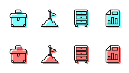 Poster - Set line Archive papers drawer, Briefcase, Mountains with flag on top and Document graph chart icon. Vector