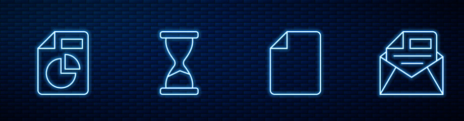 Poster - Set line File document, Document with graph chart, Old hourglass and Mail and e-mail. Glowing neon icon on brick wall. Vector