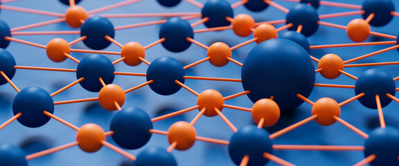 Blue and orange sphere network structure - abstract design.Connection,Social network connection,organization chart,Networking,social media,SNS,internet communication concept.3D render illustration