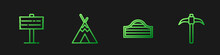 Set Line Saloon Door, Road Traffic Signpost, Indian Teepee Wigwam And Pickaxe. Gradient Color Icons. Vector