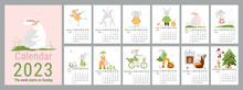 Vector Vertical Calendar For 2023 With Cute Hares. A Collection Of Different Images Of Hares For The Whole Year. The Week Starts On Sunday. Template With A4 Size Cover