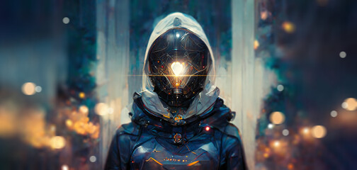 Fashion cyberpunk girl in white hoodie leather jacket wears gas mask filters. Colorful 3d render of human skull with cross in eyes, glowing green wires on night light bokeh in city.