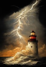 Lighthouse, Sea, Storm, Lightning, Ocean, Coast