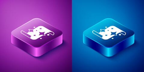 Poster - Isometric Magic scroll icon isolated on blue and purple background. Decree, paper, parchment, scroll icon. Square button. Vector