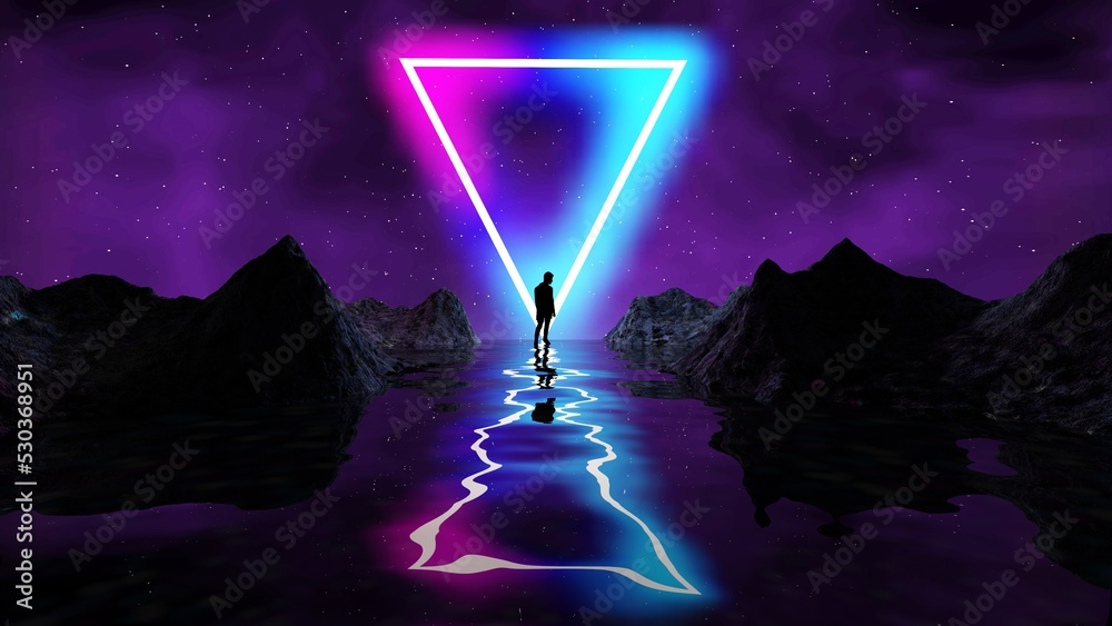 Retro futuristic background for game with man silhouette. Music 3d ...