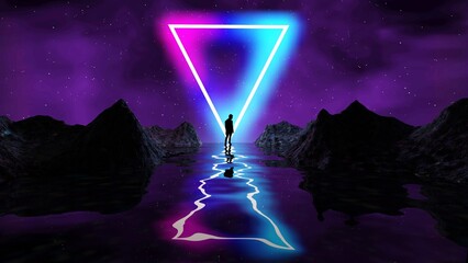 Poster - Retro futuristic background for game with man silhouette. Music 3d dance galaxy poster. 80s background disco. Neon triangle synthwave digital wireframe landscape
