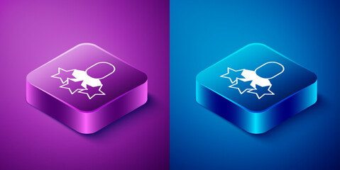 Sticker - Isometric Productive human icon isolated on blue and purple background. Idea work, success, productivity, vision and efficiency concept. Square button. Vector