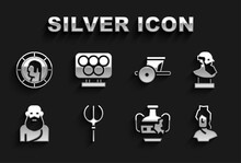 Set Neptune Trident, Ancient Bust Sculpture, Broken Amphorae, Socrates, Chariot, Greek Coin And Olympic Rings Icon. Vector
