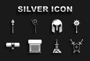 Sticker - Set Decree, parchment, scroll, Medieval chained mace ball, shield with swords, Sword the stone, iron helmet, spear and Magic staff icon. Vector